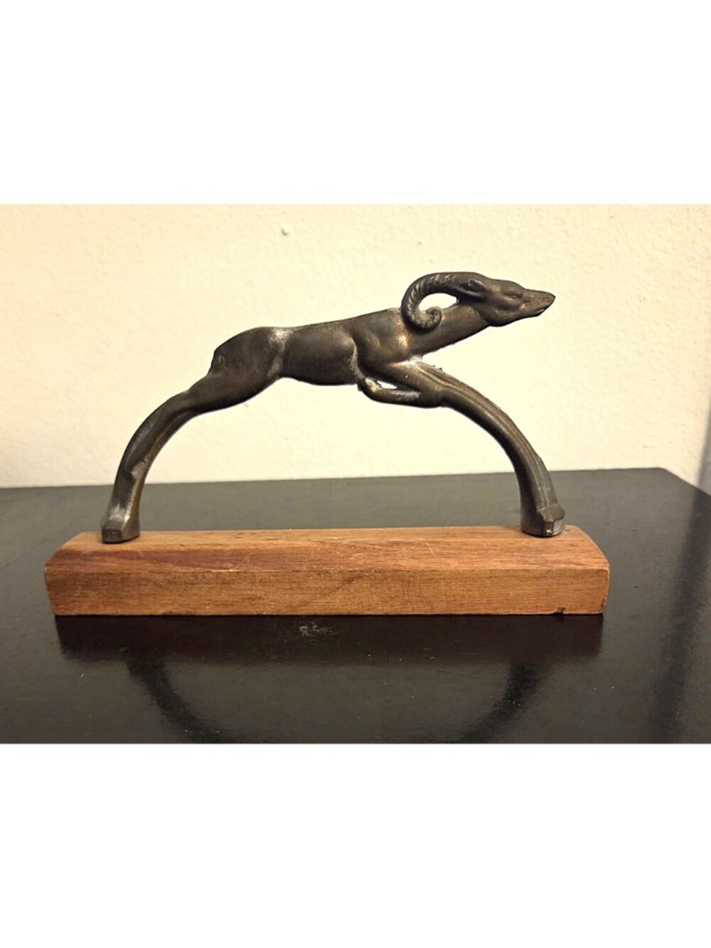 Figurine metal ram gazelle vintage Deco ashtray handle mounted on wood base